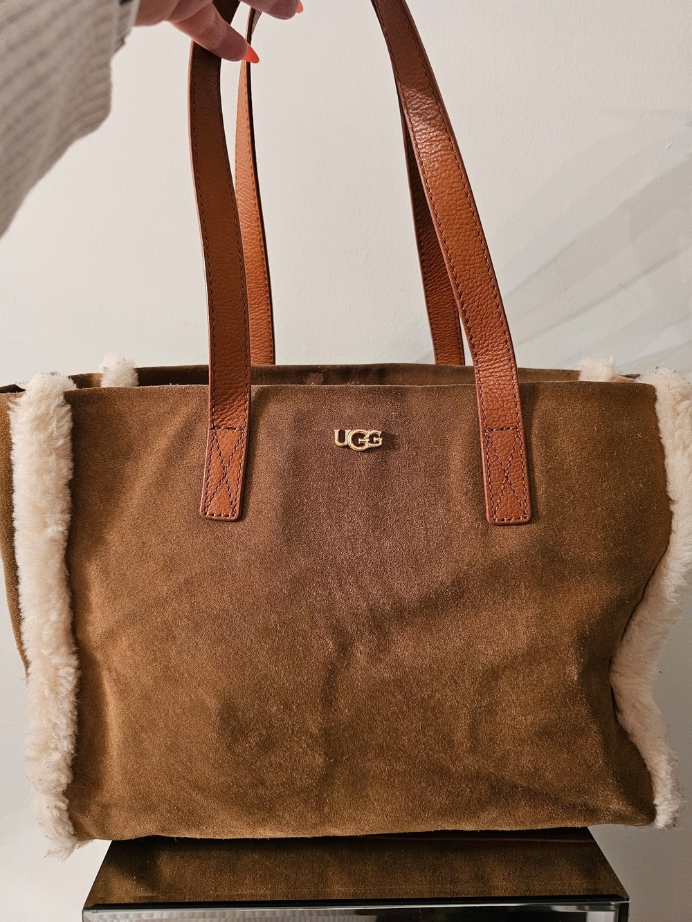 UGG Brown Suede Shearling-Trim Tote with Leather Straps